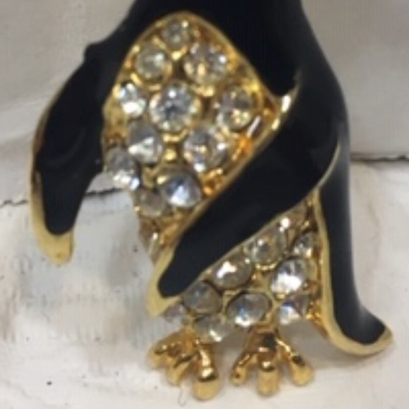VTG Penguin Enamel Rhinestones Black & Gold Sparkly Brooch Pin 1.5" - Picture 5 of 8